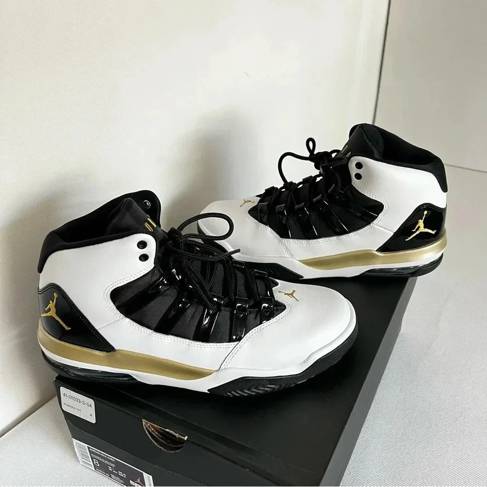 Jordan Max Aura White Metallic Gold Black Size 8 Sneakers Shoes Lace-Up With Box